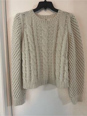 LoveShackFancy Cream Cable & Openwork Crewneck Sweater Alpaca metallic blend.
